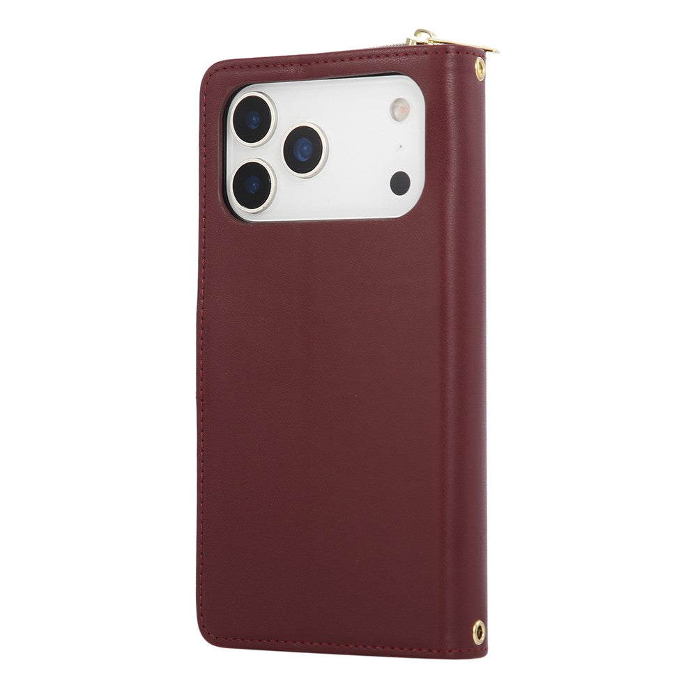 For iPhone 17 Pro Max Case 9 Card Slots Zipper Pocket PU Leather Cover with Wrist Strap - Wine Red