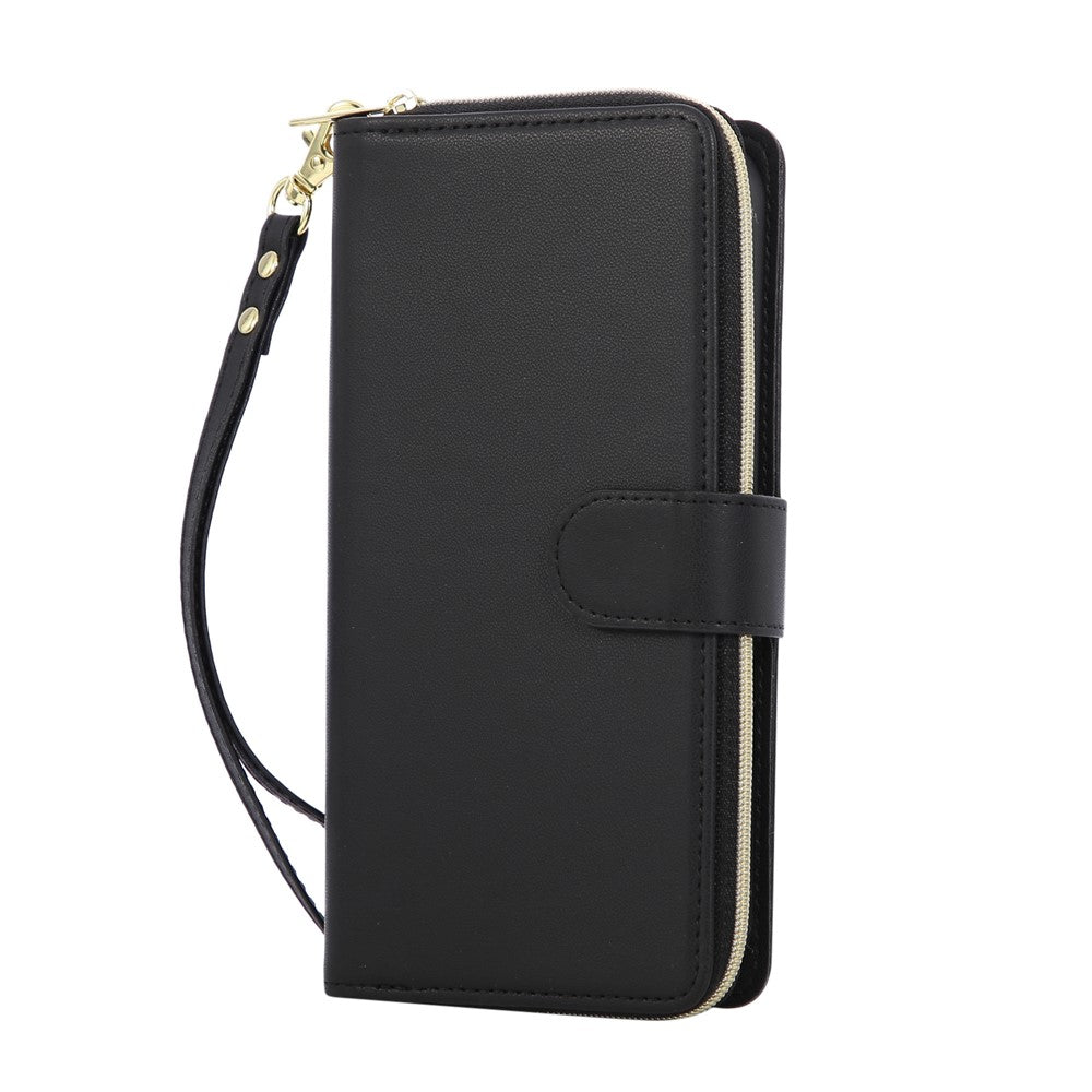 For iPhone 17 Pro Max Case 9 Card Slots Zipper Pocket PU Leather Cover with Wrist Strap - Black