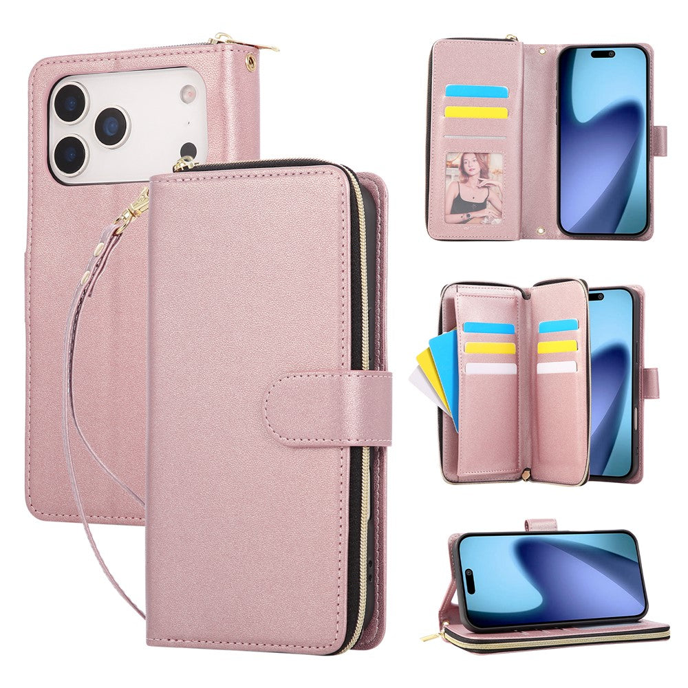 For iPhone 17 Pro Max Case 9 Card Slots Zipper Pocket PU Leather Cover with Wrist Strap - Rose Gold