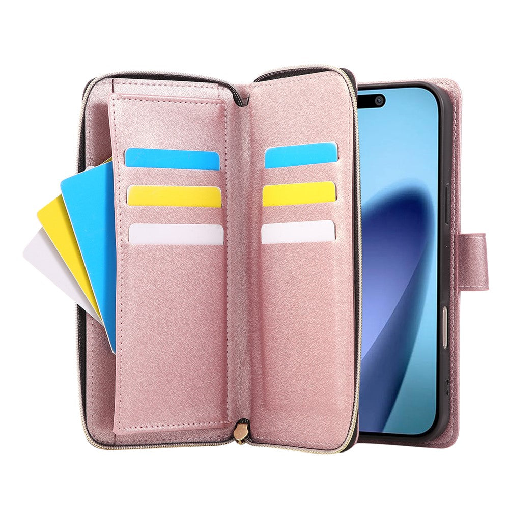 For iPhone 17 Pro Max Case 9 Card Slots Zipper Pocket PU Leather Cover with Wrist Strap - Rose Gold
