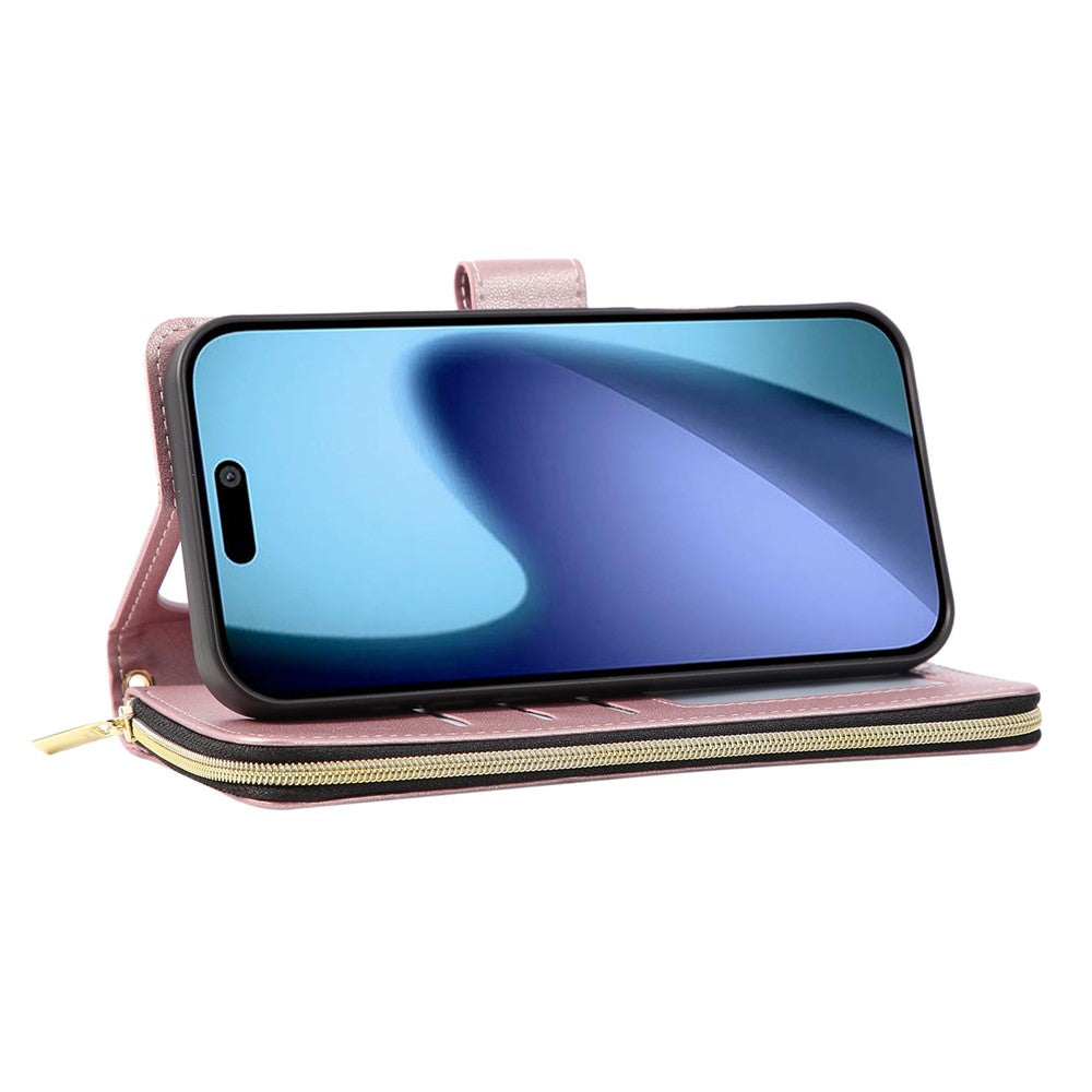 For iPhone 17 Pro Max Case 9 Card Slots Zipper Pocket PU Leather Cover with Wrist Strap - Rose Gold