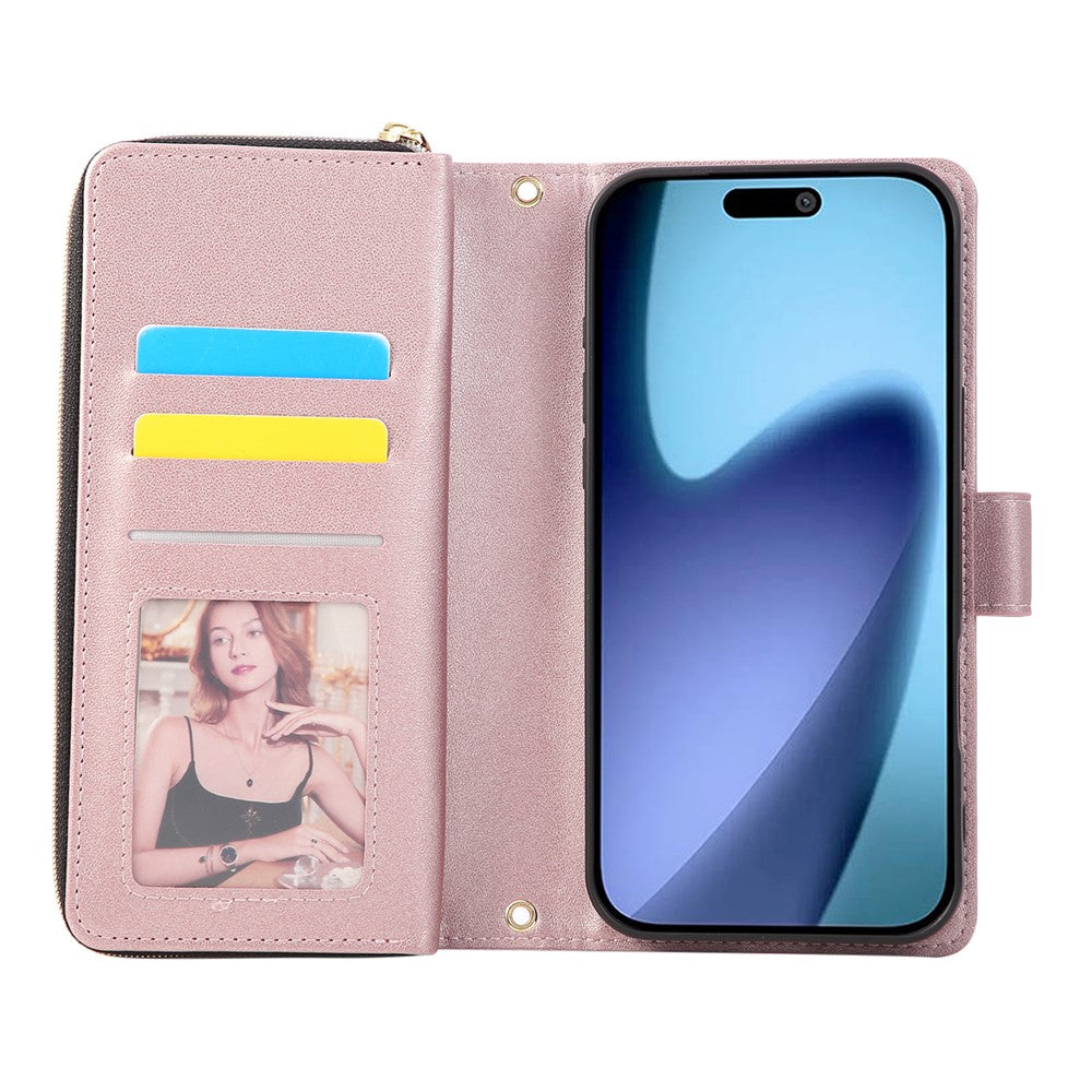 For iPhone 17 Pro Max Case 9 Card Slots Zipper Pocket PU Leather Cover with Wrist Strap - Rose Gold
