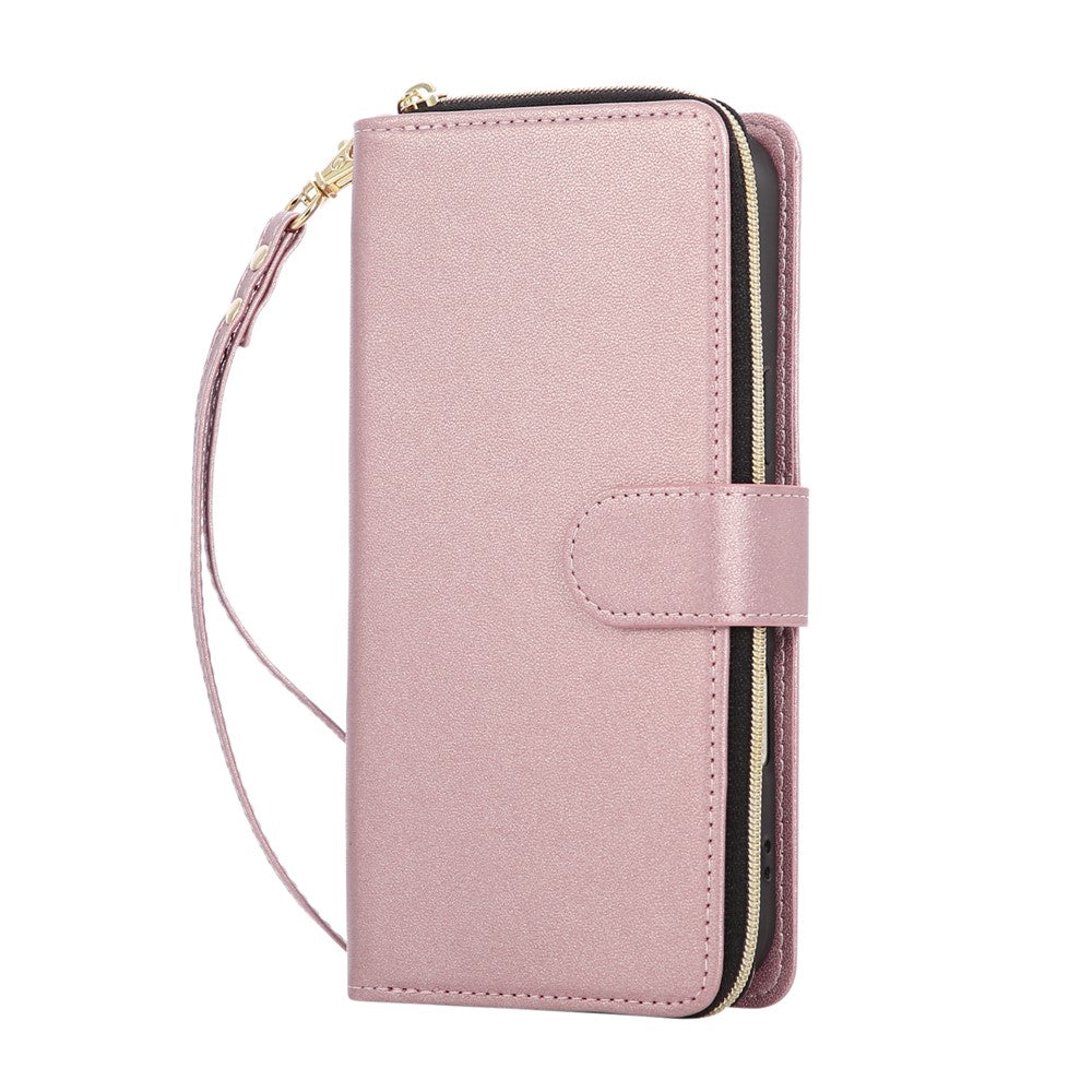 For iPhone 17 Pro Max Case 9 Card Slots Zipper Pocket PU Leather Cover with Wrist Strap - Rose Gold