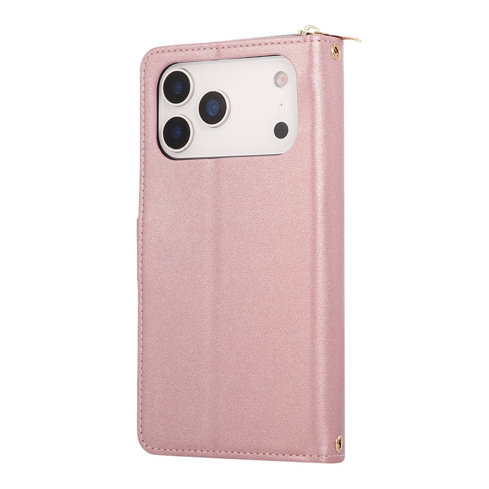 For iPhone 17 Pro Max Case 9 Card Slots Zipper Pocket PU Leather Cover with Wrist Strap - Rose Gold