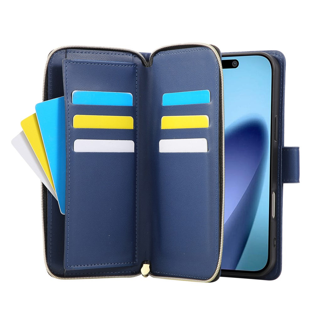 For iPhone 17 Pro Max Case 9 Card Slots Zipper Pocket PU Leather Cover with Wrist Strap - Blue