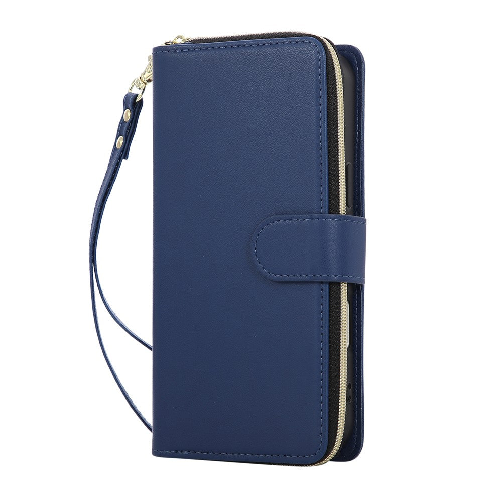 For iPhone 17 Pro Max Case 9 Card Slots Zipper Pocket PU Leather Cover with Wrist Strap - Blue