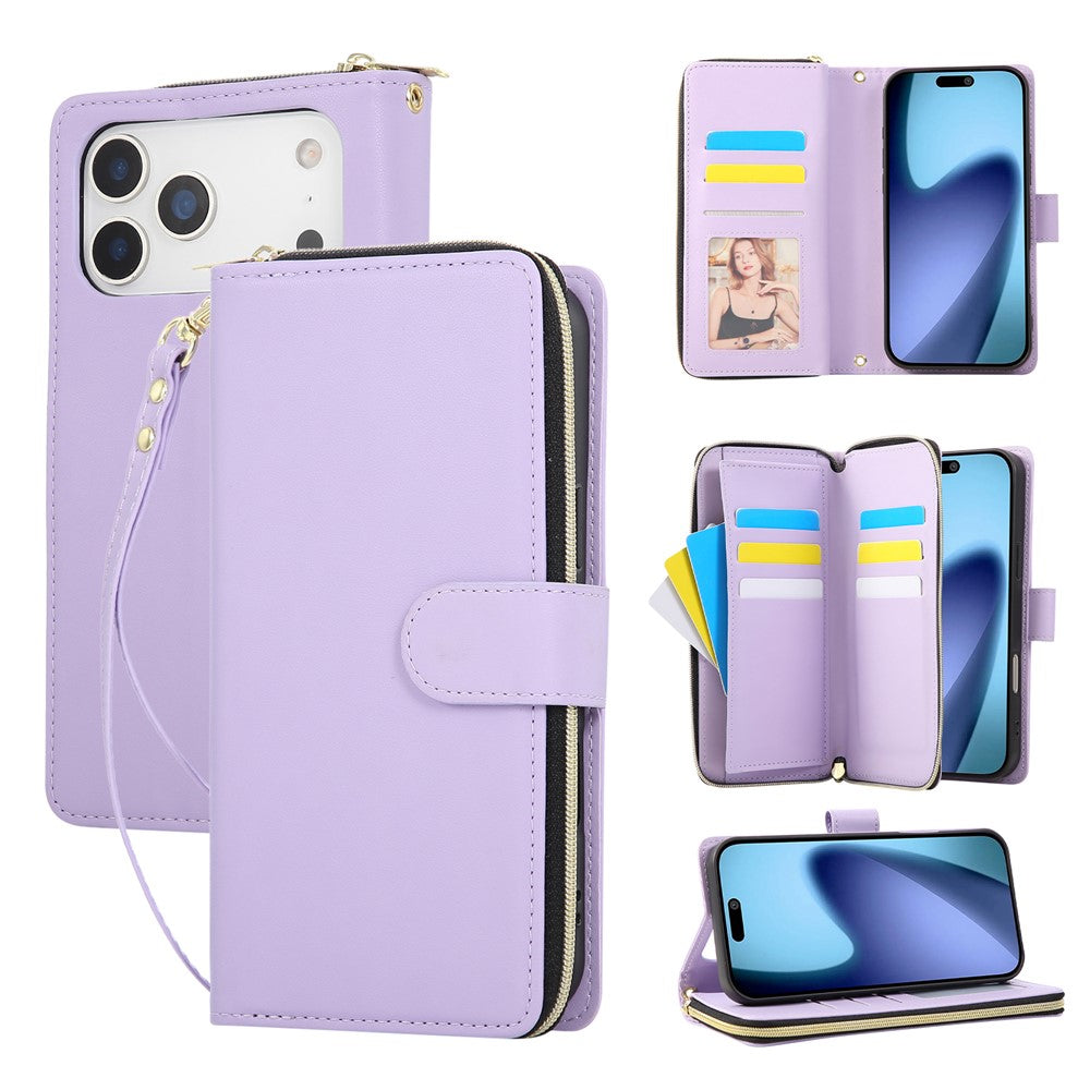 For iPhone 17 Pro Max Case 9 Card Slots Zipper Pocket PU Leather Cover with Wrist Strap - Light Purple