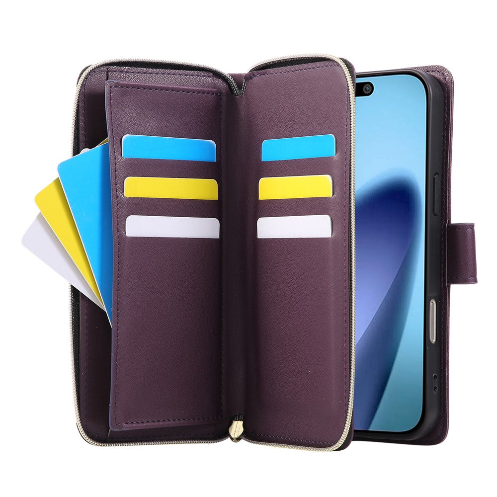 For iPhone 17 Pro Max Case 9 Card Slots Zipper Pocket PU Leather Cover with Wrist Strap - Dark Purple
