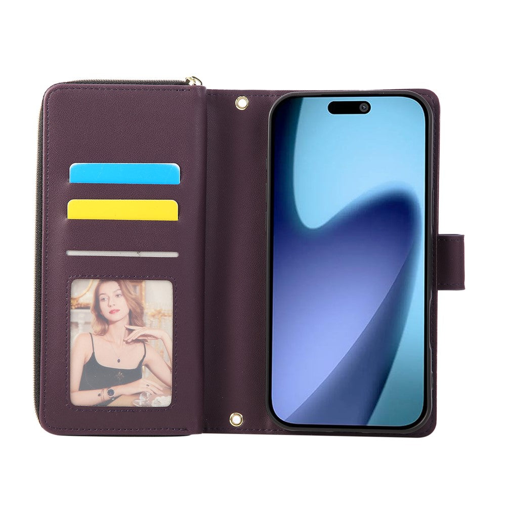 For iPhone 17 Pro Max Case 9 Card Slots Zipper Pocket PU Leather Cover with Wrist Strap - Dark Purple
