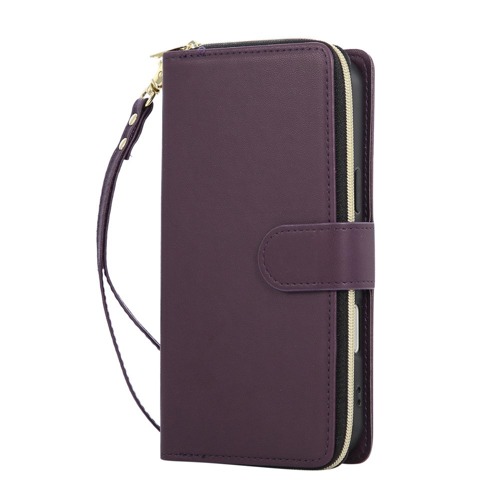 For iPhone 17 Pro Max Case 9 Card Slots Zipper Pocket PU Leather Cover with Wrist Strap - Dark Purple