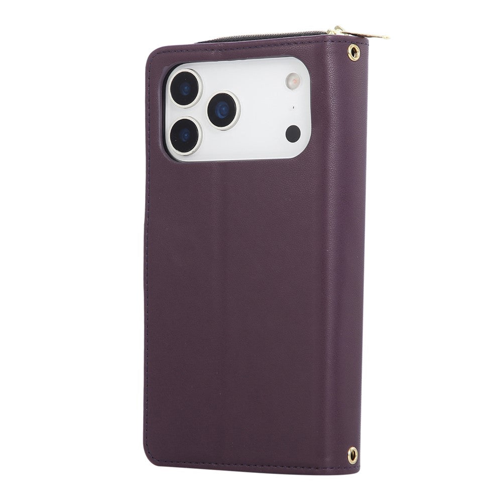 For iPhone 17 Pro Max Case 9 Card Slots Zipper Pocket PU Leather Cover with Wrist Strap - Dark Purple