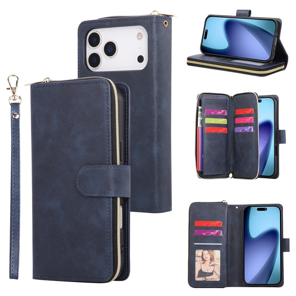 For iPhone 17 Pro Max Case Zipper Pocket 9 Card Slots PU Leather Phone Cover with Hand Strap - Blue