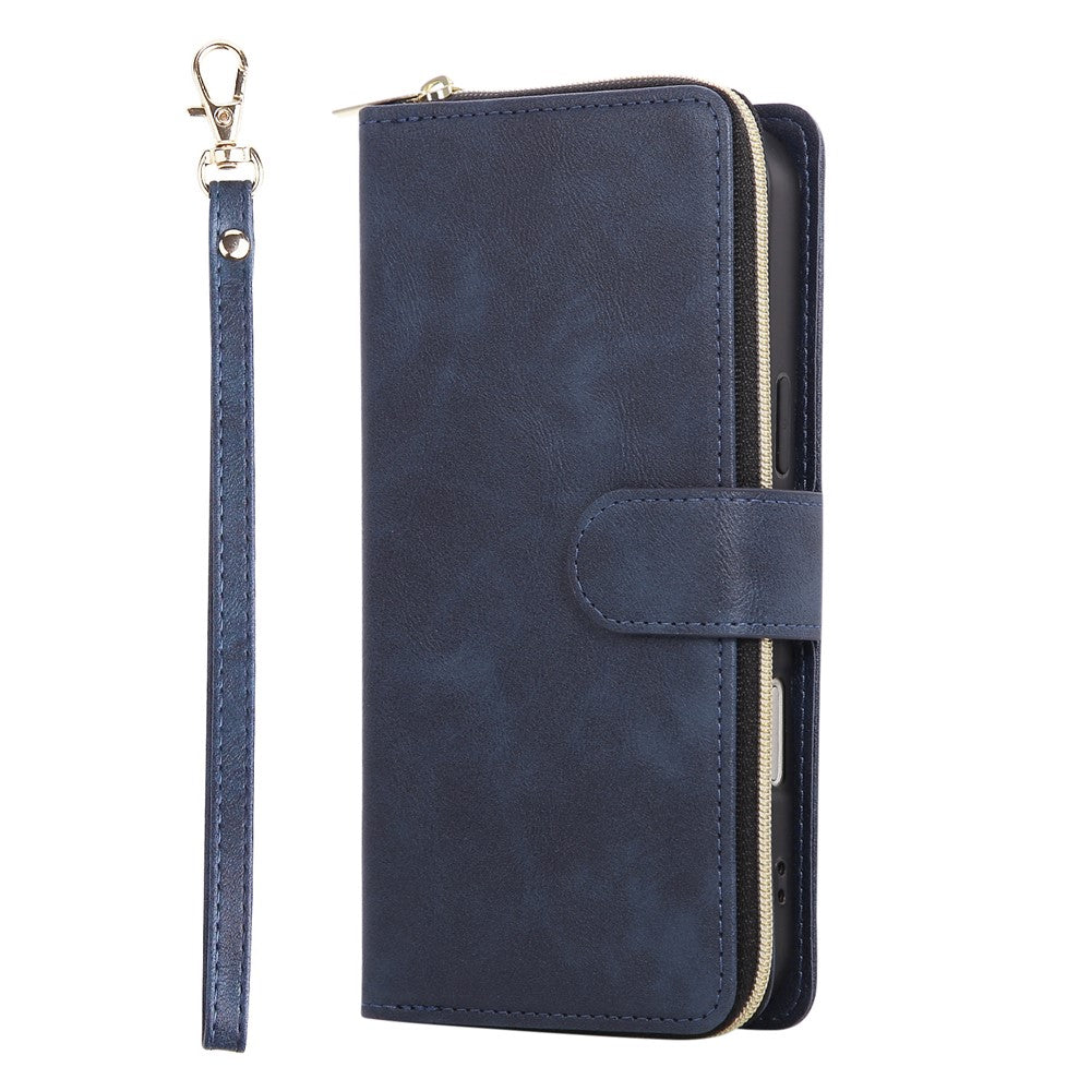 For iPhone 17 Pro Max Case Zipper Pocket 9 Card Slots PU Leather Phone Cover with Hand Strap - Blue