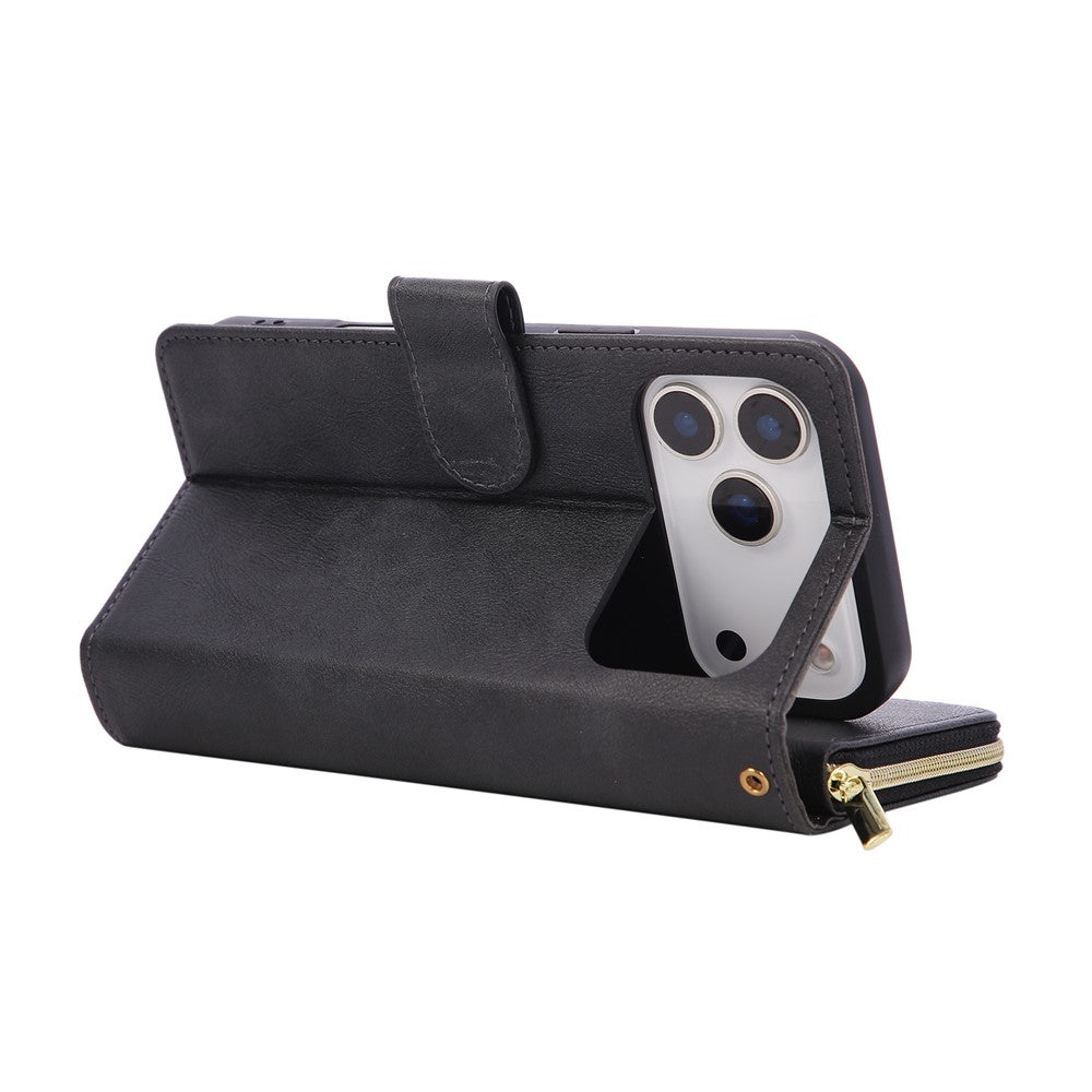 For iPhone 17 Pro Max Case Zipper Pocket 9 Card Slots PU Leather Phone Cover with Hand Strap - Black