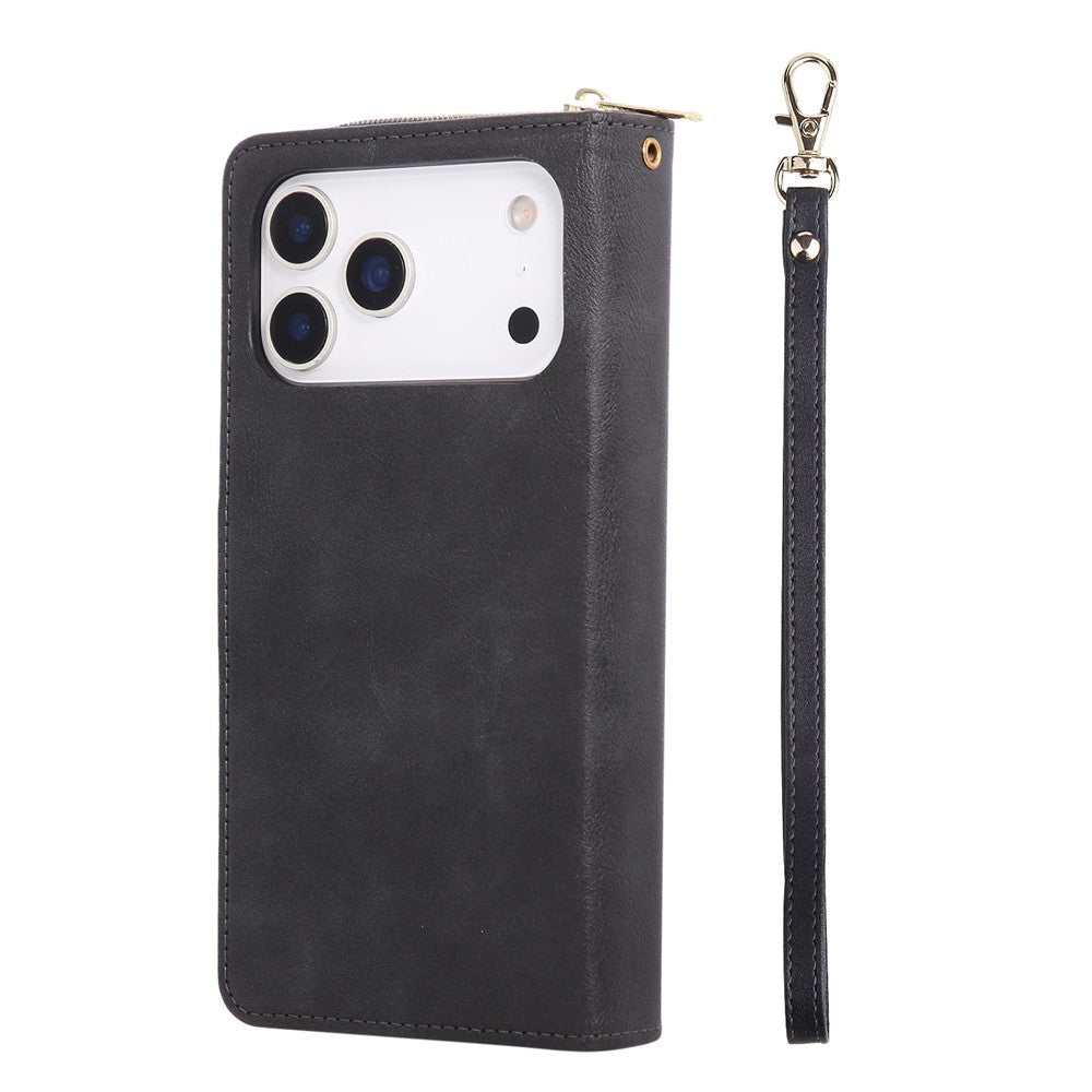 For iPhone 17 Pro Max Case Zipper Pocket 9 Card Slots PU Leather Phone Cover with Hand Strap - Black