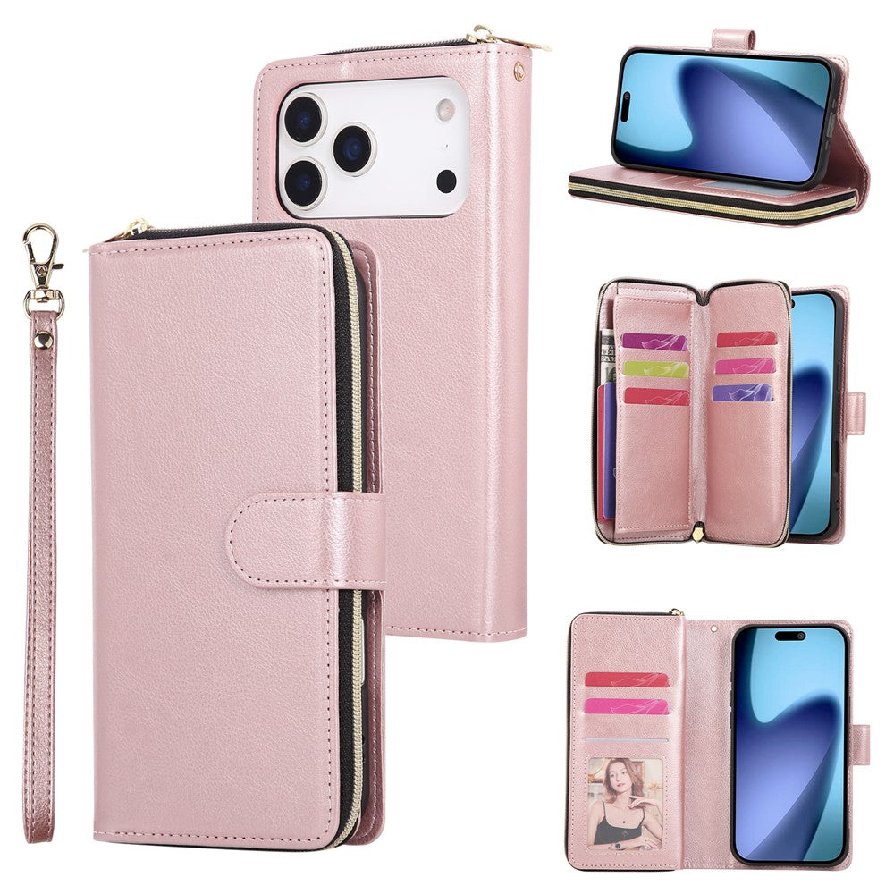 For iPhone 17 Pro Max Case Zipper Pocket 9 Card Slots PU Leather Phone Cover with Hand Strap - Rose Gold