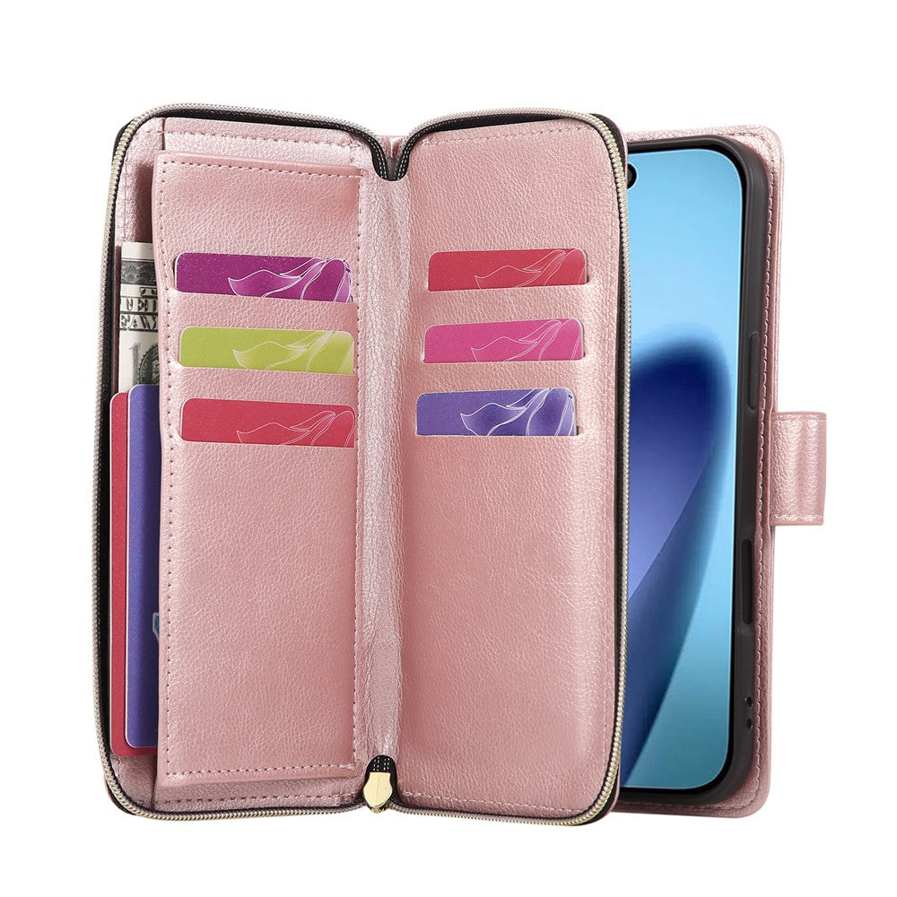 For iPhone 17 Pro Max Case Zipper Pocket 9 Card Slots PU Leather Phone Cover with Hand Strap - Rose Gold