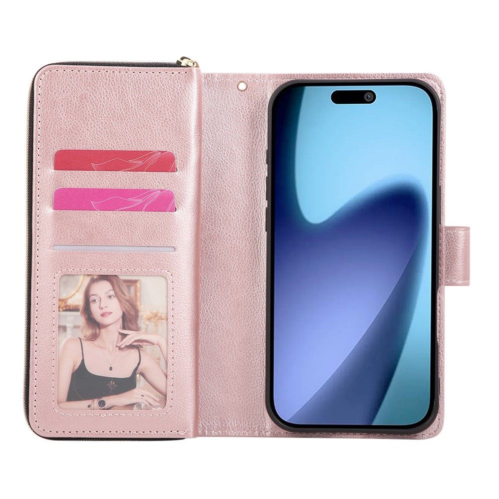 For iPhone 17 Pro Max Case Zipper Pocket 9 Card Slots PU Leather Phone Cover with Hand Strap - Rose Gold
