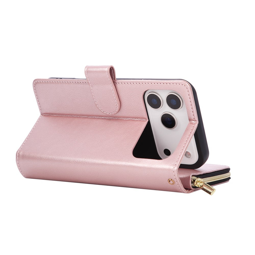 For iPhone 17 Pro Max Case Zipper Pocket 9 Card Slots PU Leather Phone Cover with Hand Strap - Rose Gold