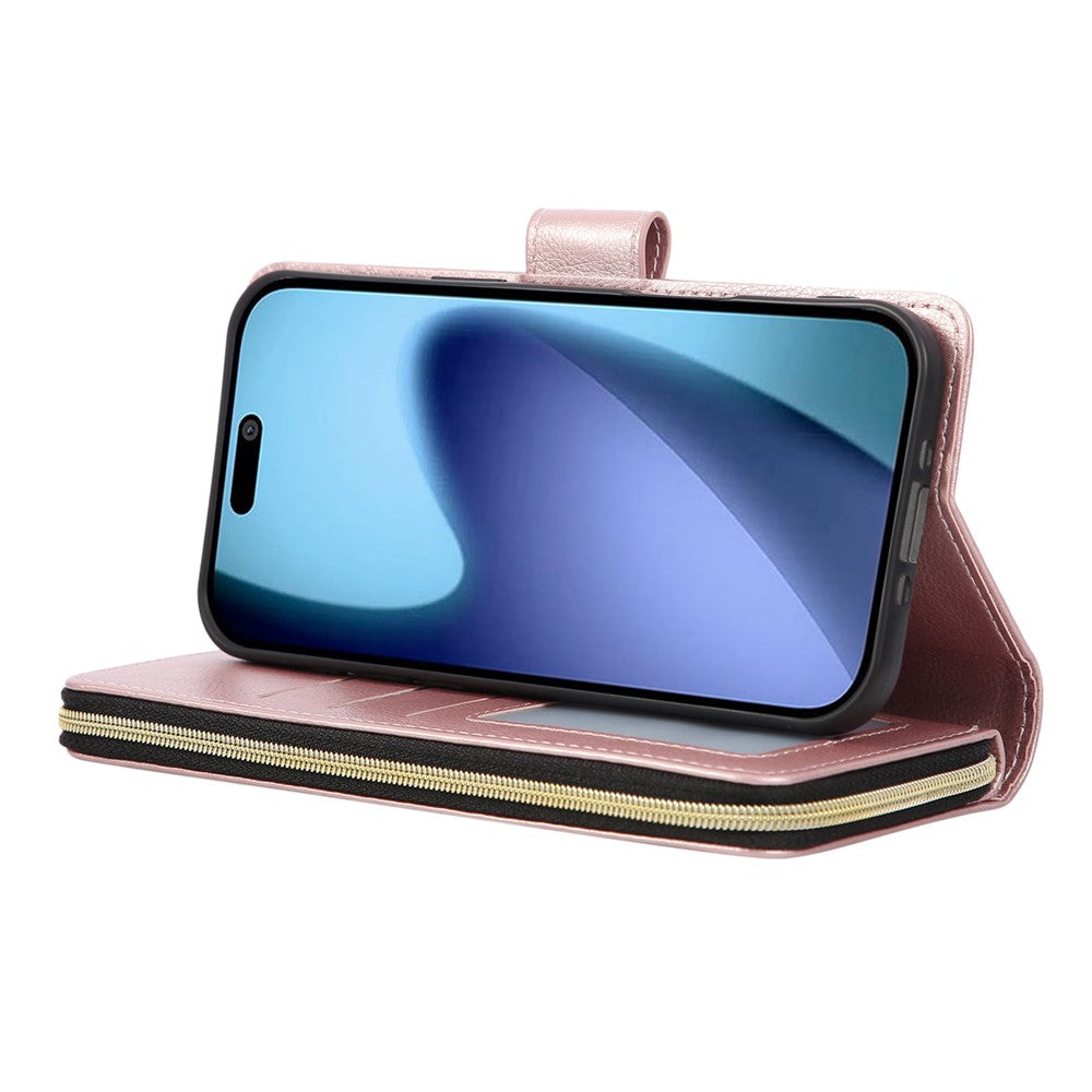 For iPhone 17 Pro Max Case Zipper Pocket 9 Card Slots PU Leather Phone Cover with Hand Strap - Rose Gold