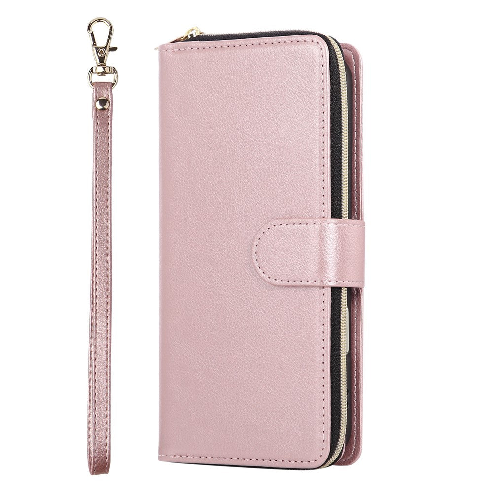 For iPhone 17 Pro Max Case Zipper Pocket 9 Card Slots PU Leather Phone Cover with Hand Strap - Rose Gold