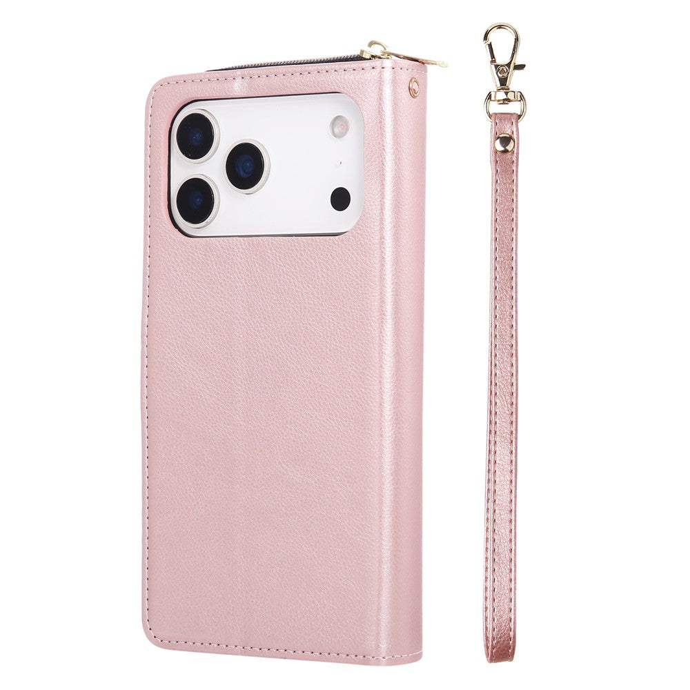 For iPhone 17 Pro Max Case Zipper Pocket 9 Card Slots PU Leather Phone Cover with Hand Strap - Rose Gold