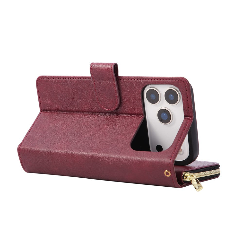 For iPhone 17 Pro Max Case Zipper Pocket 9 Card Slots PU Leather Phone Cover with Hand Strap - Wine Red