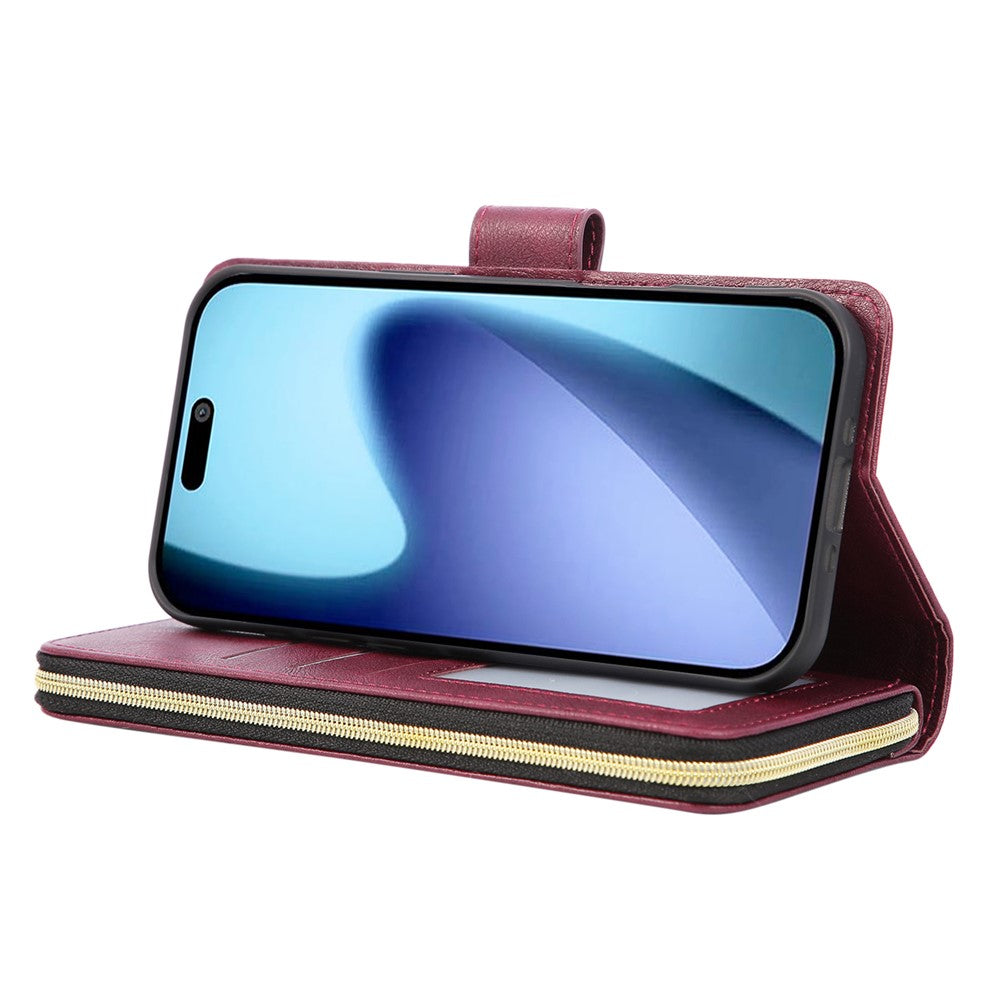 For iPhone 17 Pro Max Case Zipper Pocket 9 Card Slots PU Leather Phone Cover with Hand Strap - Wine Red