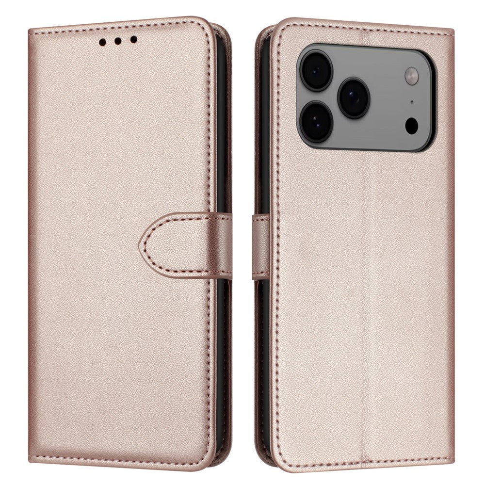 For iPhone 17 Pro Max Case Stand Wallet Leather Phone Cover with Strap - Rose Gold