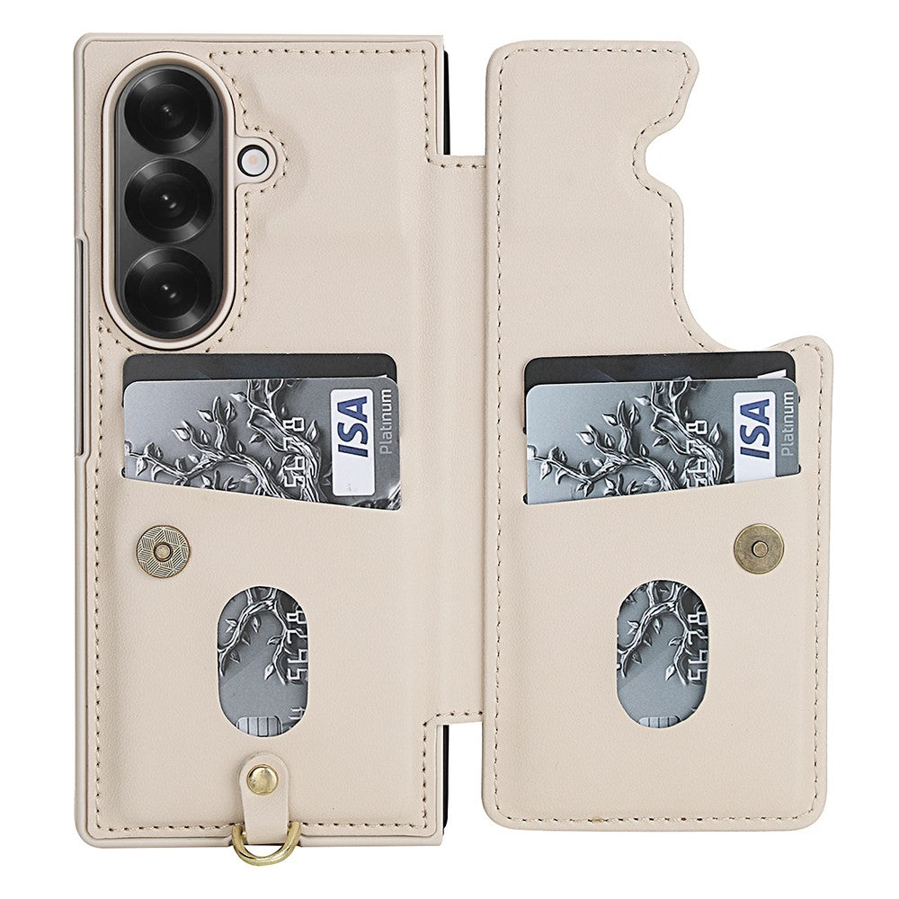 For Samsung Galaxy Z Fold7 5G Case Card Slots Leather Coated TPU Flower Phone Cover with 2 Straps - Beige