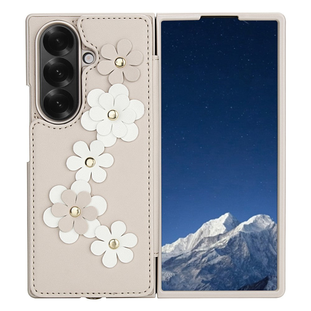 For Samsung Galaxy Z Fold7 5G Case Card Slots Leather Coated TPU Flower Phone Cover with 2 Straps - Beige