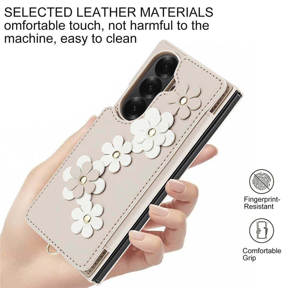 For Samsung Galaxy Z Fold7 5G Case Card Slots Leather Coated TPU Flower Phone Cover with 2 Straps - Beige
