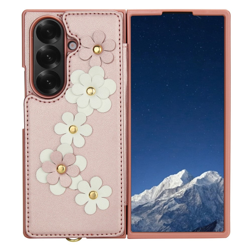For Samsung Galaxy Z Fold7 5G Case Card Slots Leather Coated TPU Flower Phone Cover with 2 Straps - Pink