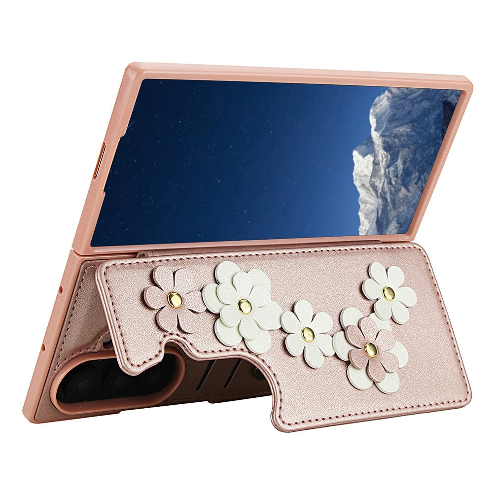 For Samsung Galaxy Z Fold7 5G Case Card Slots Leather Coated TPU Flower Phone Cover with 2 Straps - Pink