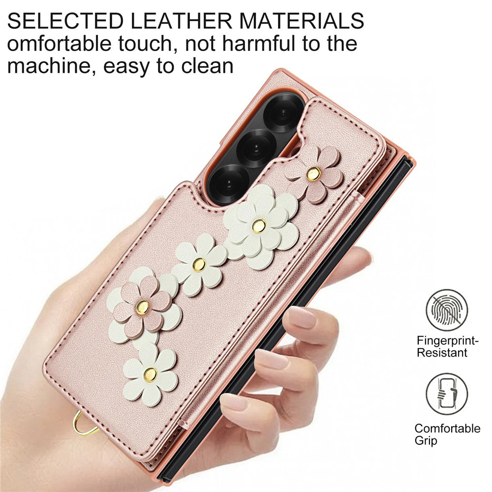 For Samsung Galaxy Z Fold7 5G Case Card Slots Leather Coated TPU Flower Phone Cover with 2 Straps - Pink