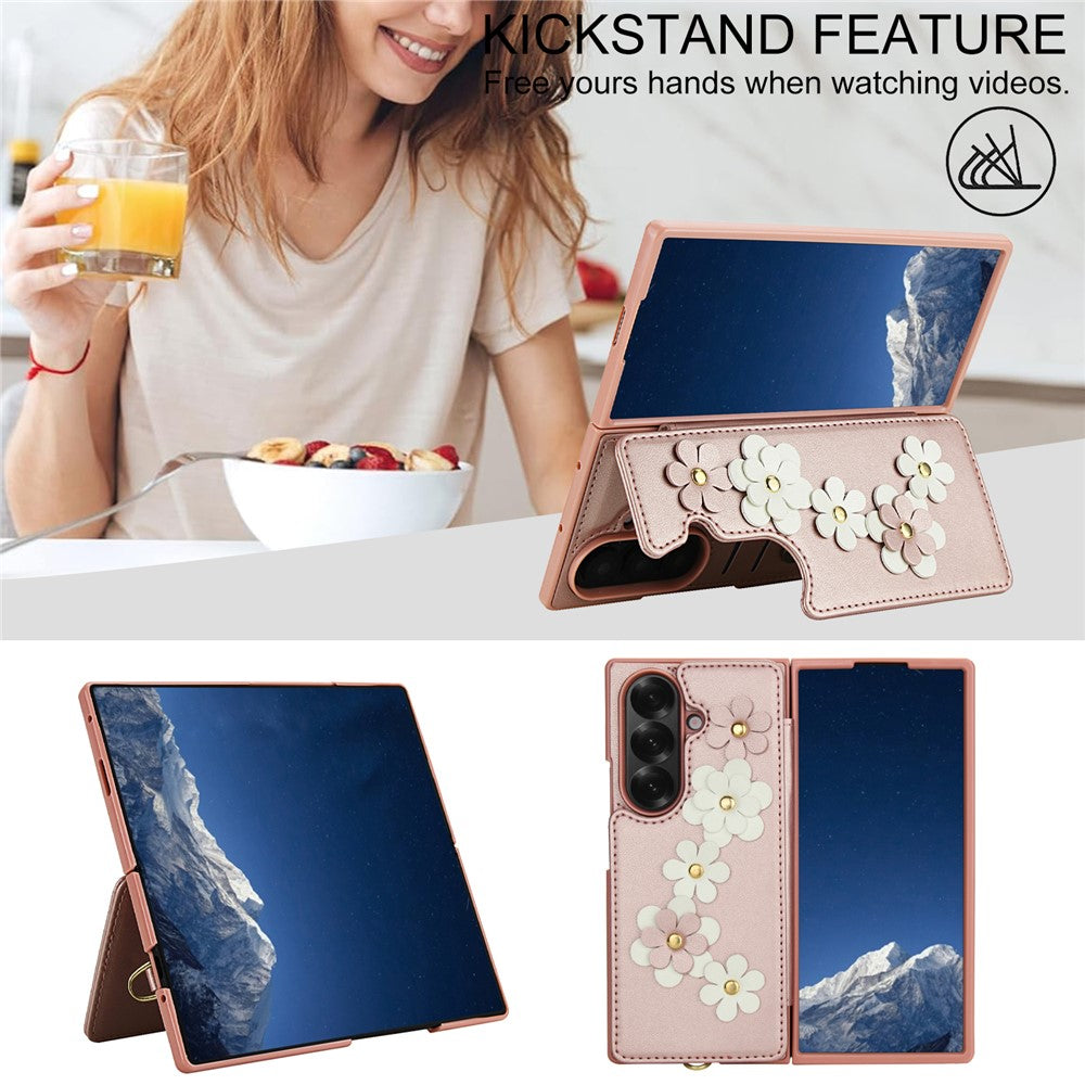 For Samsung Galaxy Z Fold7 5G Case Card Slots Leather Coated TPU Flower Phone Cover with 2 Straps - Pink