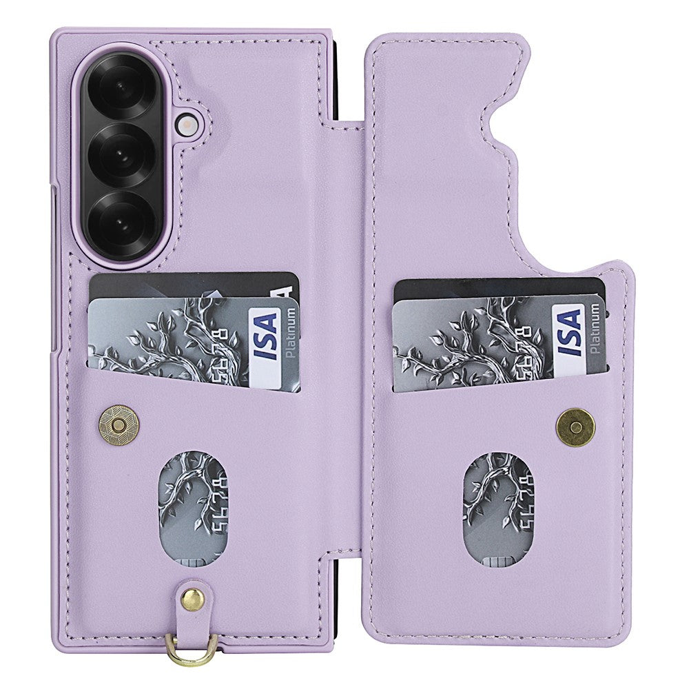 For Samsung Galaxy Z Fold7 5G Case Card Slots Leather Coated TPU Flower Phone Cover with 2 Straps - Purple