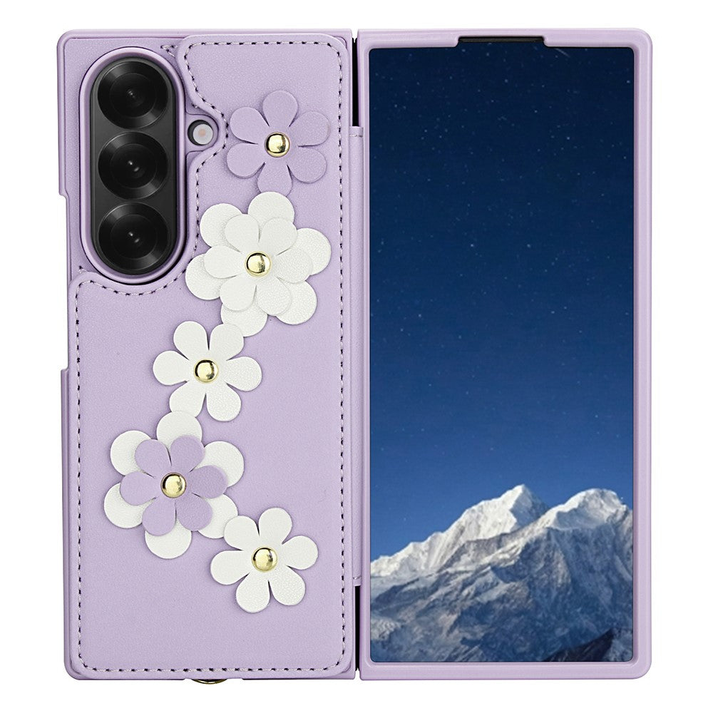 For Samsung Galaxy Z Fold7 5G Case Card Slots Leather Coated TPU Flower Phone Cover with 2 Straps - Purple