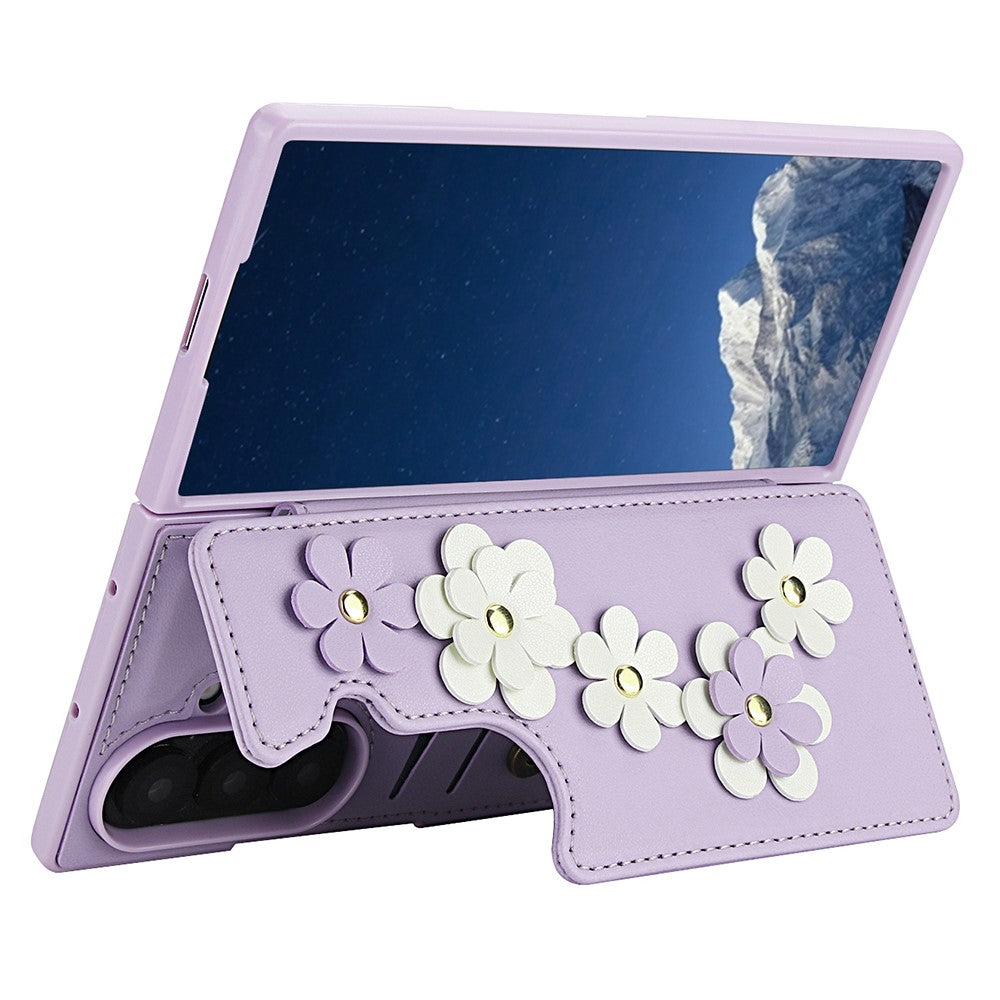 For Samsung Galaxy Z Fold7 5G Case Card Slots Leather Coated TPU Flower Phone Cover with 2 Straps - Purple
