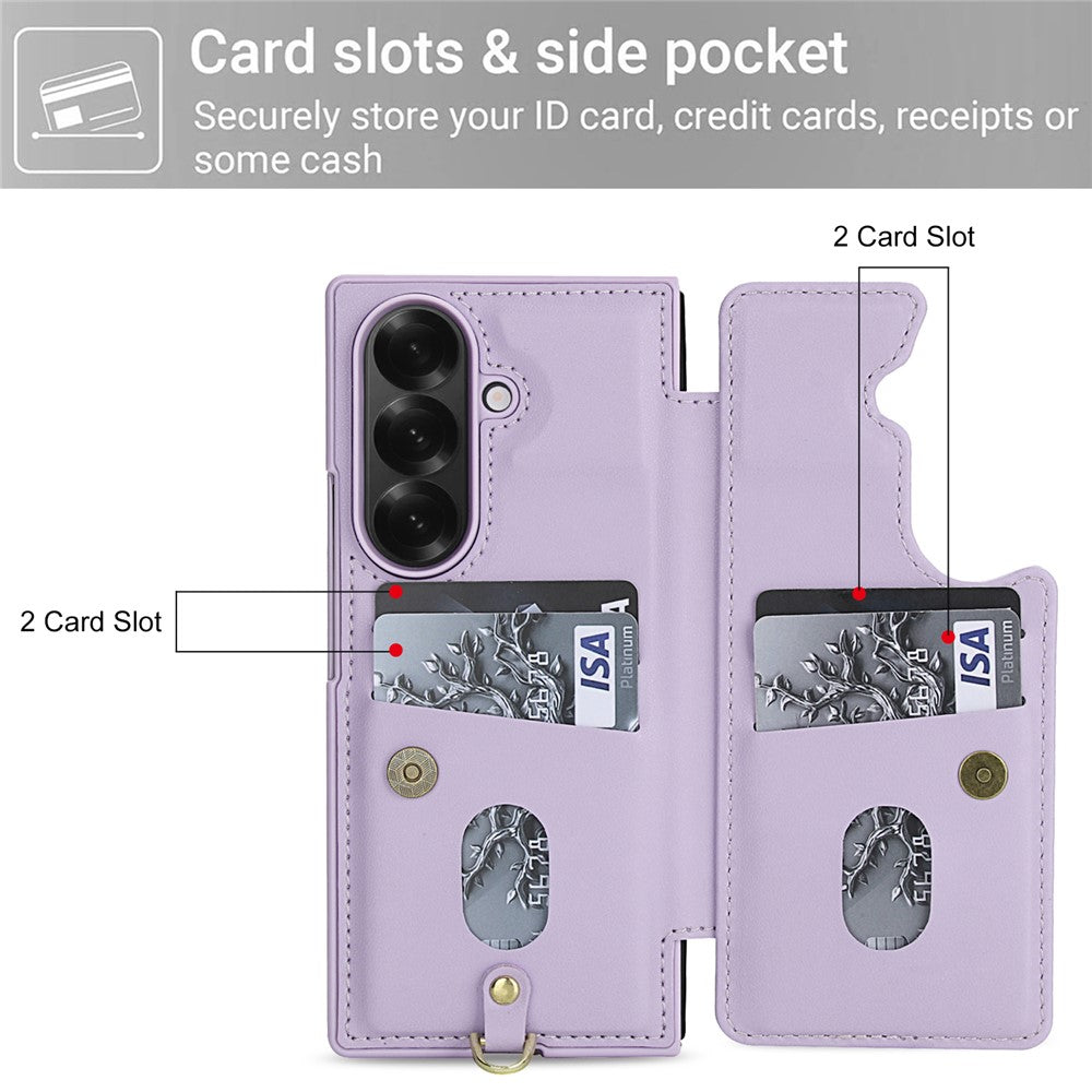 For Samsung Galaxy Z Fold7 5G Case Card Slots Leather Coated TPU Flower Phone Cover with 2 Straps - Purple