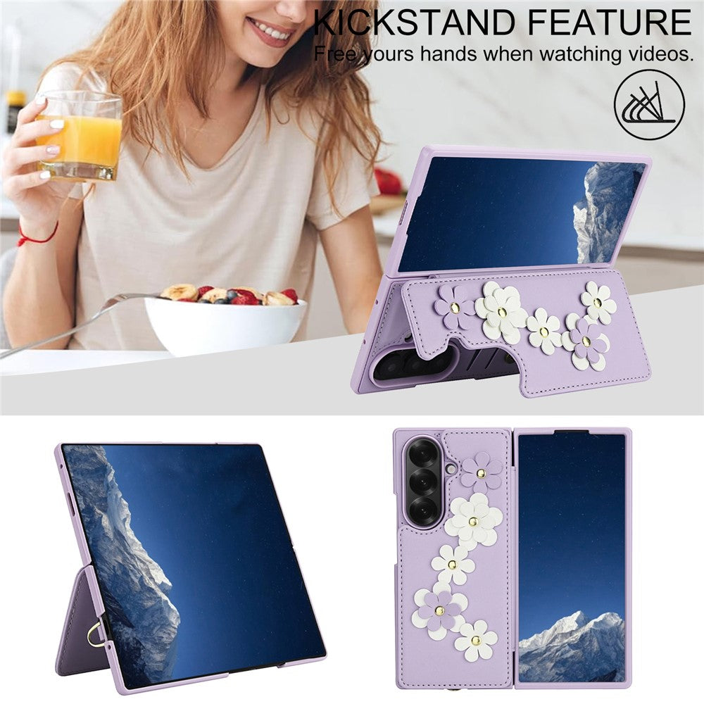 For Samsung Galaxy Z Fold7 5G Case Card Slots Leather Coated TPU Flower Phone Cover with 2 Straps - Purple