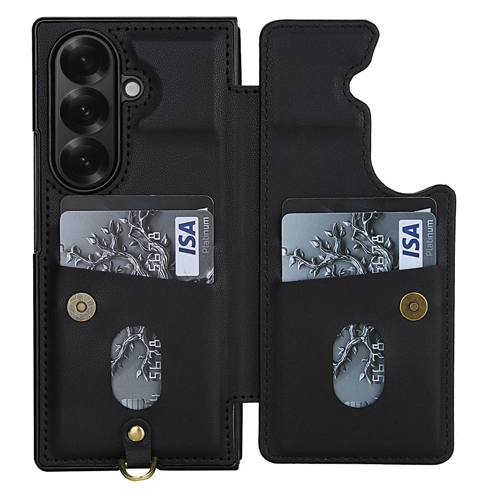 For Samsung Galaxy Z Fold7 5G Case Card Slots Leather Coated TPU Flower Phone Cover with 2 Straps - Black