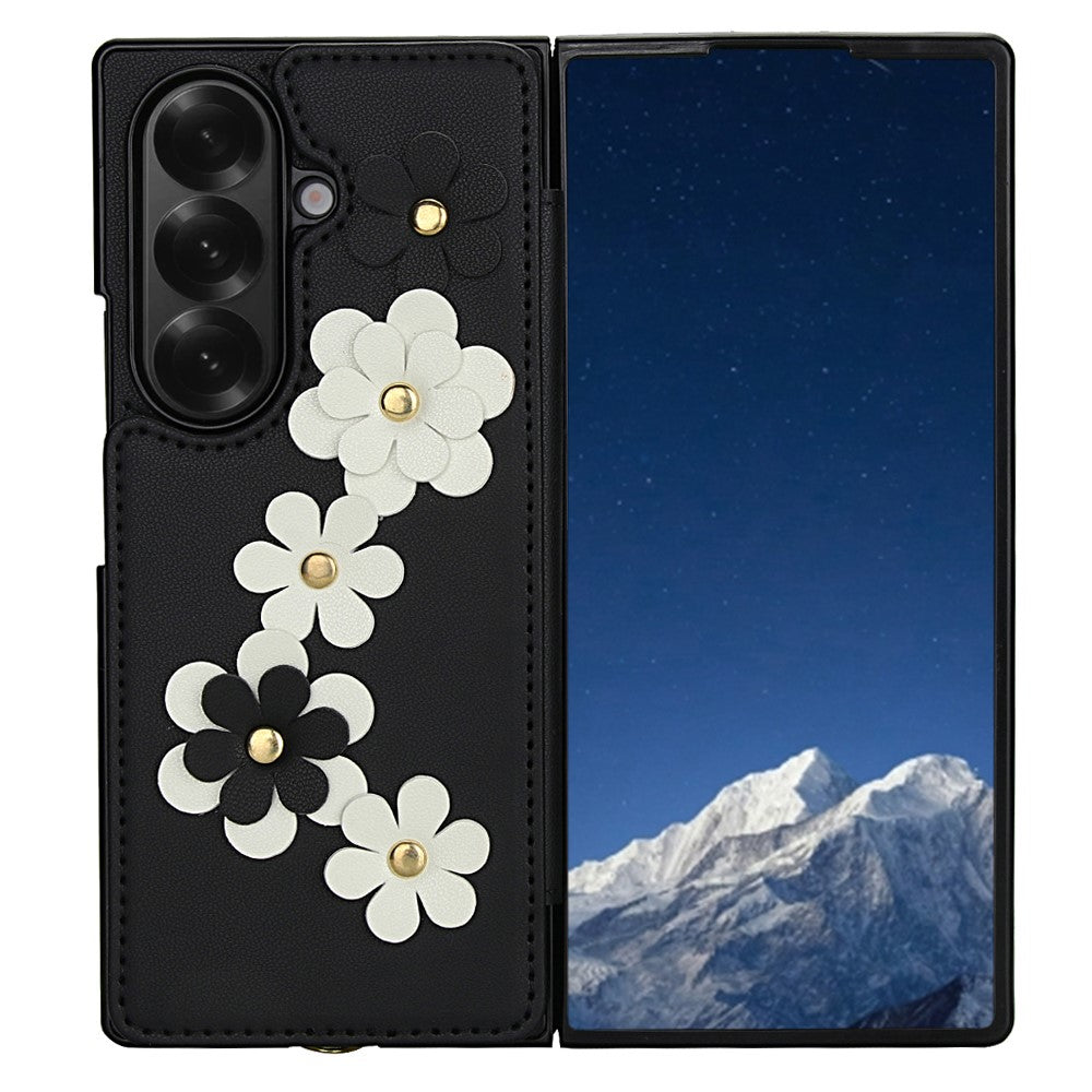 For Samsung Galaxy Z Fold7 5G Case Card Slots Leather Coated TPU Flower Phone Cover with 2 Straps - Black