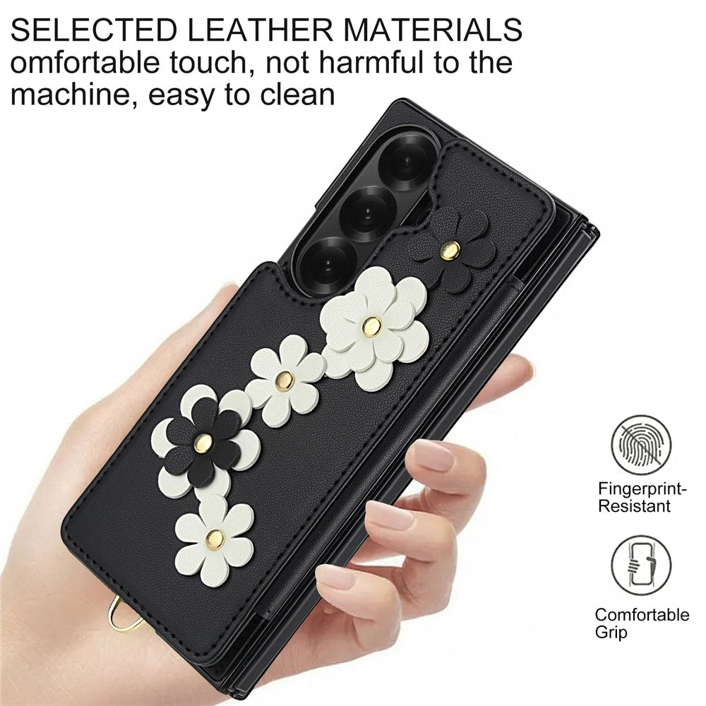 For Samsung Galaxy Z Fold7 5G Case Card Slots Leather Coated TPU Flower Phone Cover with 2 Straps - Black