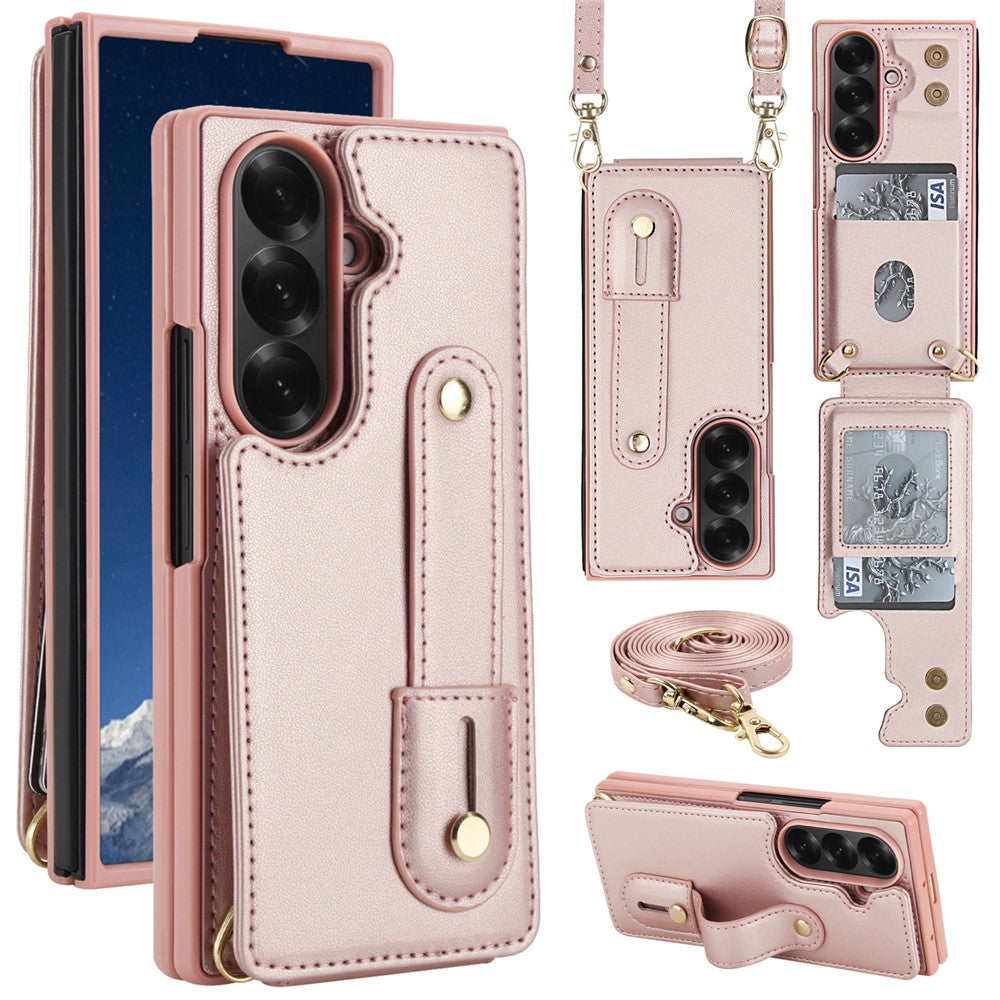 For Samsung Galaxy Z Fold7 5G Case Kickstand Card Slots Leather Coated TPU Cover with Shoulder Strap - Rose Gold