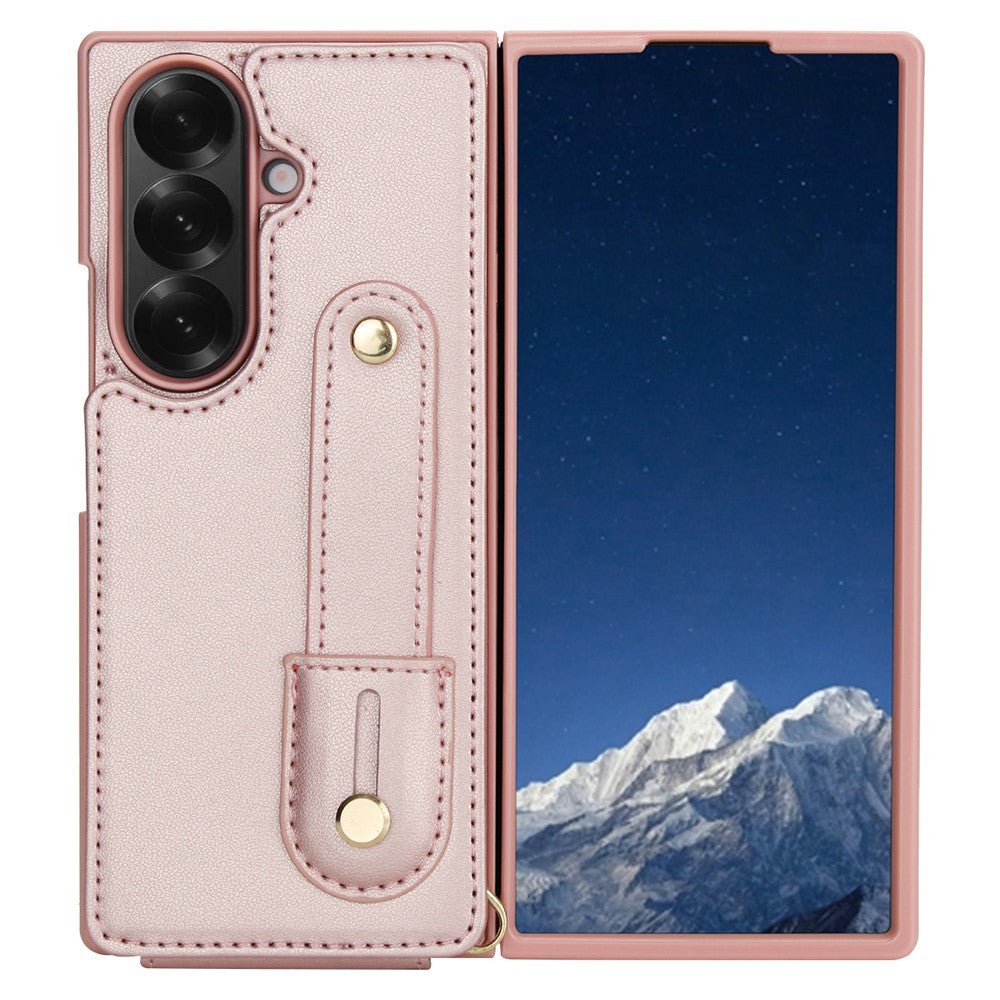 For Samsung Galaxy Z Fold7 5G Case Kickstand Card Slots Leather Coated TPU Cover with Shoulder Strap - Rose Gold