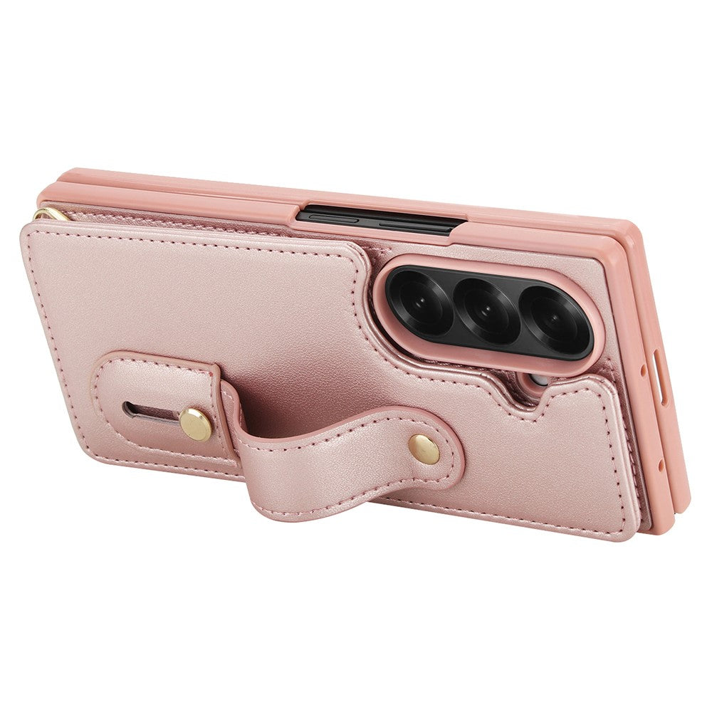 For Samsung Galaxy Z Fold7 5G Case Kickstand Card Slots Leather Coated TPU Cover with Shoulder Strap - Rose Gold