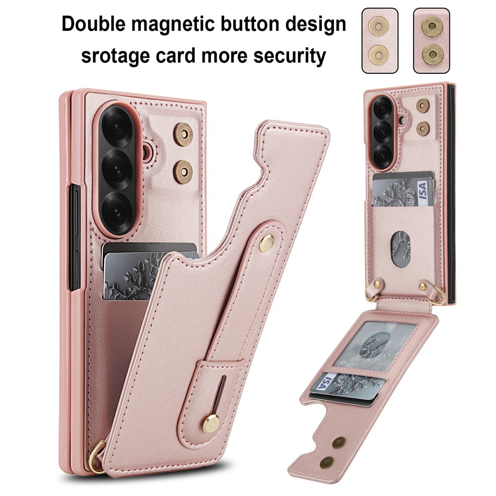 For Samsung Galaxy Z Fold7 5G Case Kickstand Card Slots Leather Coated TPU Cover with Shoulder Strap - Rose Gold