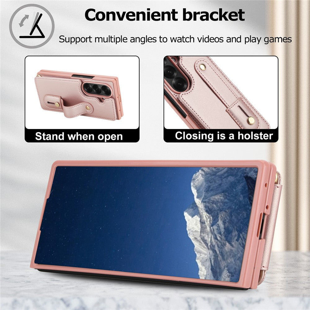 For Samsung Galaxy Z Fold7 5G Case Kickstand Card Slots Leather Coated TPU Cover with Shoulder Strap - Rose Gold