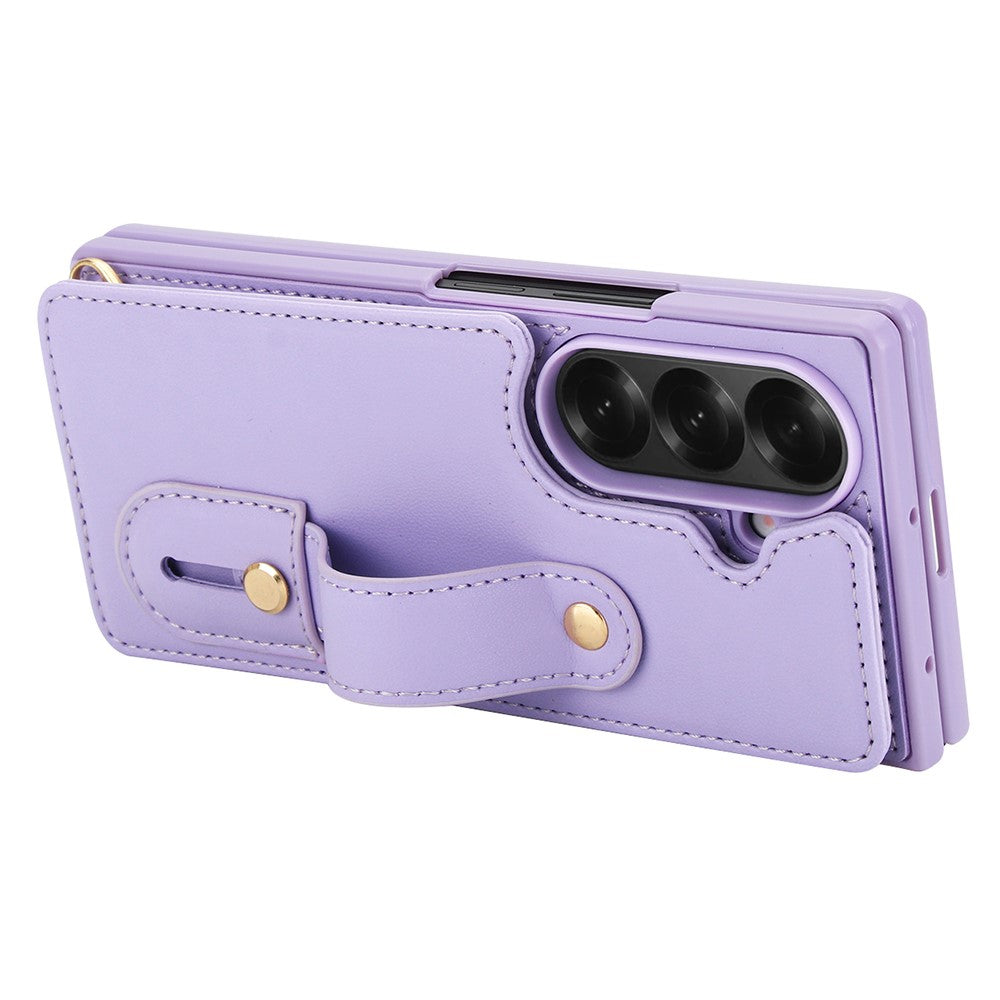For Samsung Galaxy Z Fold7 5G Case Kickstand Card Slots Leather Coated TPU Cover with Shoulder Strap - Purple